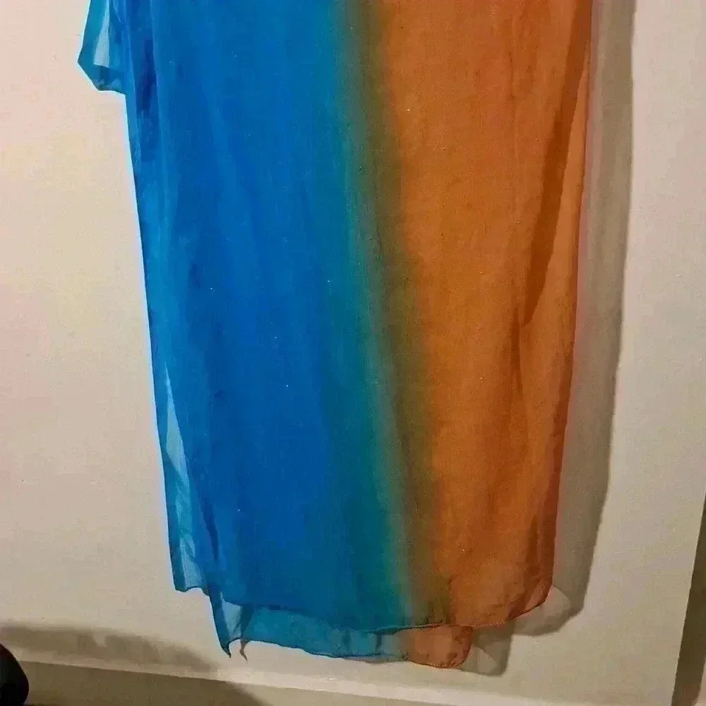 Elegant Blue and Orange Genuine Silk Large Scarf